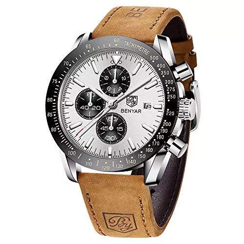 BY BENYAR Uhren BENYAR herrenuhr Braun Leder Strap Chronograph Quarz Uhr Männer Datum Kalender Wasserdicht Armbanduhr Herren Sport mit Blau/Schwarz Zifferblatt Elegantes Geschenk