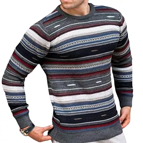 Onsoyours Pullover & Strickmode Onsoyours Herren Dünner Strick-Pullover Rundhals Pullover Winter Langarm Drucken Streifen Wollpullover Basic Slim Fit Langarm-Sweatshirt Männer Pulli Sweater