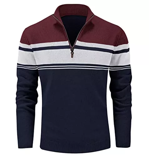 MAGCOMSEN Pullover & Strickmode MAGCOMSEN Herren Strickpullover Stehkragen 1/4 Zip Pullover Gestreift Sweater Baumwolle Langarm Sweatshirt Fleece Stretch Arbeitspullover Herbst Winter Feinstrick Pulli