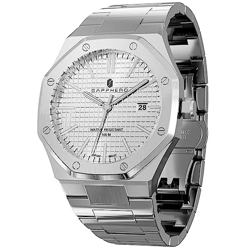 SAPPHERO Uhren SAPPHERO Uhren Herren 100M wasserdichte Armbanduhr Herren Edelstahl/Lederarmband Armband Chronograph Anti-Kratzer-Uhr Herrenuhr Silber Analoge Quarzuhr Business Casual Watch mit Date