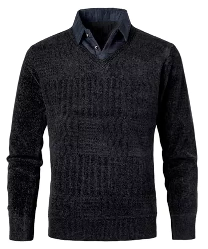 OlyljpinZ Pullover & Strickmode OlyljpinZ Herren 2 in 1 Hemd Kragen Pullover Slim Fit V-Ausschnitt Langarm Strick-Pullover Chenille Strickwaren Feinstrick Pullover Schlicht Casual Sweatshirt Strickjacke