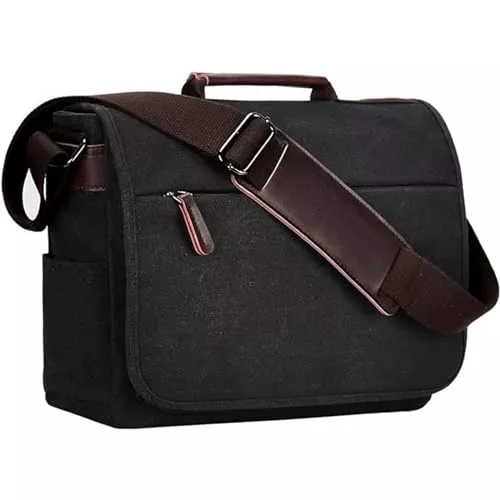 Eshow Taschen & Rucksäcke Eshow Umhängetasche Herren aus Canvas, Messenger Bag, Laptoptasche für 15 Zoll Laptop, Premium Herrentasche, Schultertasche, Kuriertasche, Arbeitstasche für Arbeit Uni Freizeit Schwarz, Vintage