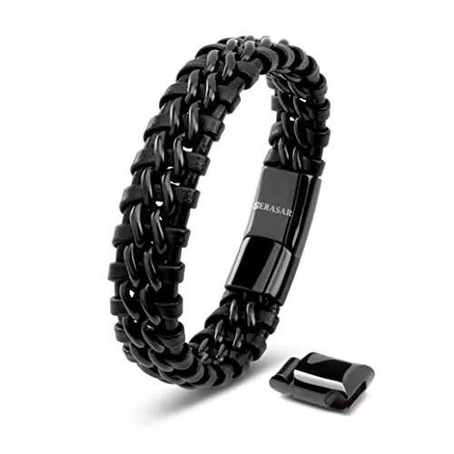SERASAR Schmuck SERASAR Premium Echtlederarmband für Männer [Steel] in Schwarz | Magnetverschluss aus Edelstahl in Schwarz, Silber & Gold | Inklusive Schmuckschachtel | Tolle Geschenkidee