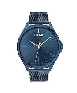 HUGO Uhren HUGO Analog Quarzuhr für Herren mit Blaues Edelstahl-Mesh-Gliederarmband - 1530136