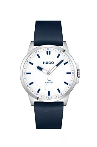 HUGO Uhren HUGO Analog Quarzuhr für Herren mit Marinblaues Lederarmband - 1530245