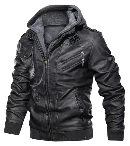 Uusollecy Jacken Uusollecy Herren Lederjacke, Abnehmbarer Kapuze Hooded Leather Jacket Mit Reißverschluss