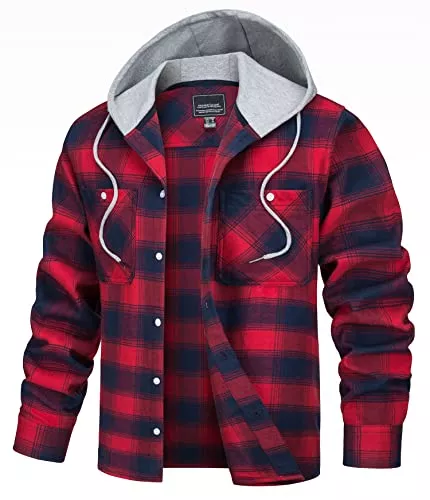 TACVASEN Jacken TACVASEN Herren Casual Hemdjacke Langarm Kariertes Hemd Flanellhemd Hoodie Jacket mit Kapuze