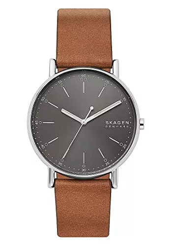 Skagen Uhren Skagen Herrenuhr Signatur, Dreizeiger Uhrwerk, 40mm Silbernes Edelstahlgehäuse mit Lederarmband, SKW6578