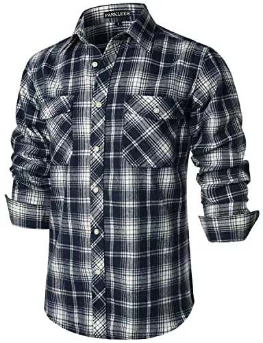 PARKLEES Hemden PARKLEES Herren Freizeithemden Regular Fit Button Down Check Kariert Flanellhemden mit Taschen