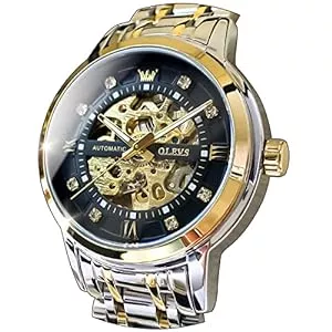 OLEVS Uhren OLEVS Herrenuhren Automatik Skelett Gold Schwarz Mechanische Armbanduhr mit Diamant Wasserdicht Leuchtende Männer Uhr