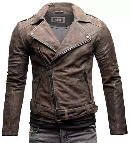 Crone Jacken Crone Fynn Herren Biker Lederjacke Basic Echtleder oder Ecoleder Jacke mit Gürtel und Reverskragen