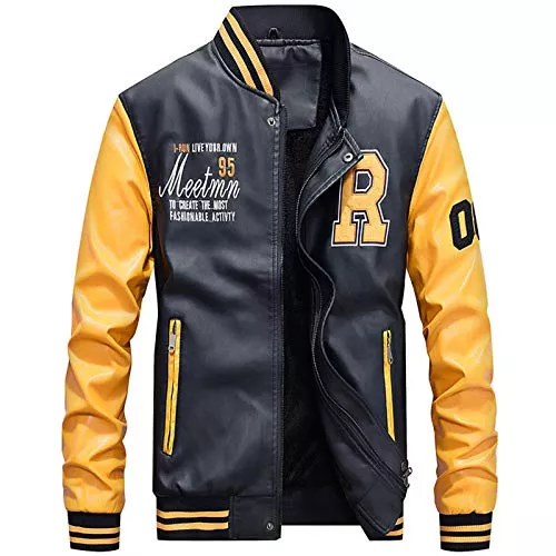 Uni-Wert Jacken Uni-Wert Herren Bomberjacke Pu Leder Fliegerjacke Stehkragen Collegejacke Reißverschluss Übergangsjacke Casual Baseball Jacken Mantel