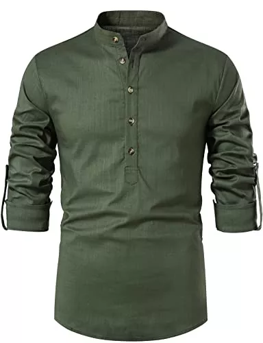 LucMatton Hemden LucMatton Herren Baumwolle Retro Stil Roll-up Langarm Shirt Casual Leinenähnliche Henley Tops