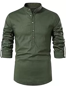 LucMatton Hemden LucMatton Herren Baumwolle Retro Stil Roll-up Langarm Shirt Casual Leinenähnliche Henley Tops