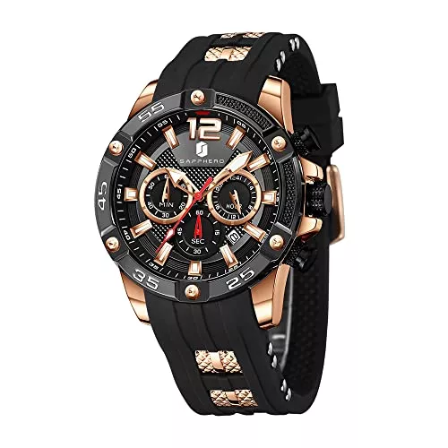 SAPPHERO Uhren SAPPHERO Uhren Herren Quarzwerk Chronograph Datum Kalender Silikonarmband 30M Wasserdicht Schwarz Blau Herrenuhren Armbanduhr Geschenke für Männer