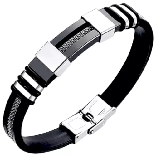 RedfoxX Schmuck RedfoxX Armband Herren schwarz mit Silber Edelstahl schwarz Herrenarmbänder 21,5 cm Silikonarmband Punkstyle Armreifen Armbänder für Herren Geschenk Herrenarmand Männer Schmuck Braclet Men