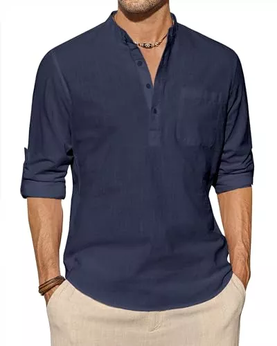 J.VER Hemden J.VER Hemd Herren Leinenhemd Langarm Henley Shirt Freizeithemd Regular Fit Sommerhemd mit Tasche