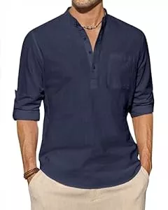 J.VER Hemden J.VER Hemd Herren Leinenhemd Langarm Henley Shirt Freizeithemd Regular Fit Sommerhemd mit Tasche