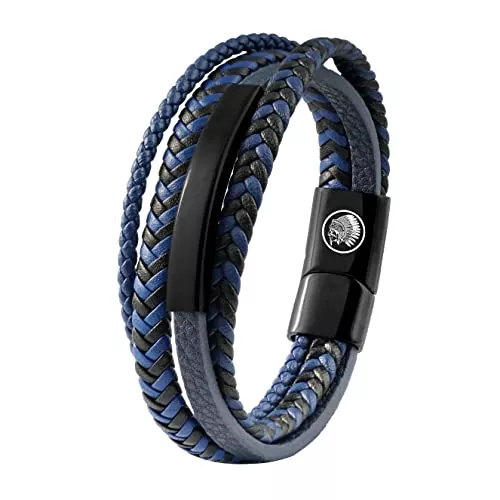 Casisto.J Schmuck Casisto.J Lederarmband Herren Armband Herren Männer Leder Edelstahl Gravur Schwarz Braun Blau Geflochten mit Magnet Verschluss