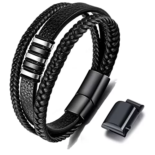 Gkmamrg Schmuck Geschenk für Männer - Herren Armband - Lerderarmband - Leder Armreif schwarz - geflochten Echtleder Breites Wickelarmband mit Magnet Verschluss