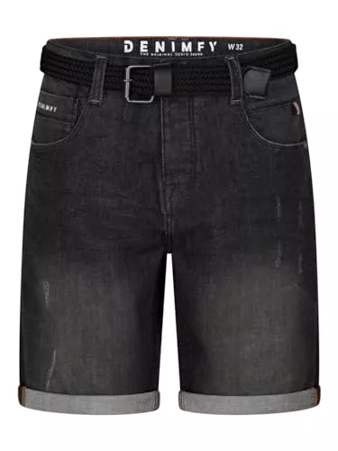 DENIMFY Shorts DENIMFY Jeans Shorts Herren Stretch Kurz mit Gürtel Regular Fit DFBo Kurze Hosen Sommer Denim Einfarbig Blau Schwarz 31 32 33 34 36 38 40 42
