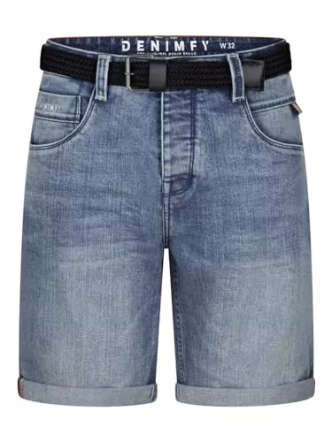 DENIMFY Shorts DENIMFY Jeans Shorts Herren Stretch Kurz mit Gürtel Regular Fit DFBo Kurze Hosen Sommer Denim Einfarbig Blau Schwarz 31 32 33 34 36 38 40 42