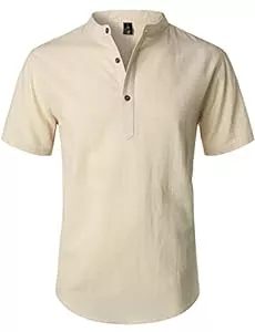 LucMatton Hemden LucMatton Sommerhemd für Herren, aus Baumwolle/Leinen, Kurzarm, lässiges Henley-Hemd, leichte Sommer-Oberbekleidung für den Strand, mit Stehkragen