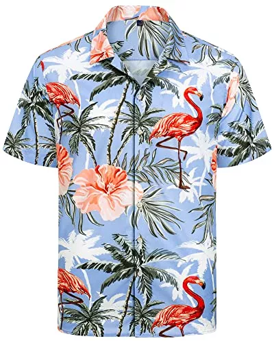 J.VER Hemden J.VER Herren Hawaiihemd Kurzarm Sommerhemd Casual Flamingo Floral Strandhemd Bügelfrei Button Down Kurzarm Hawaii Shirt Faltenfrei Urlaub Shirt