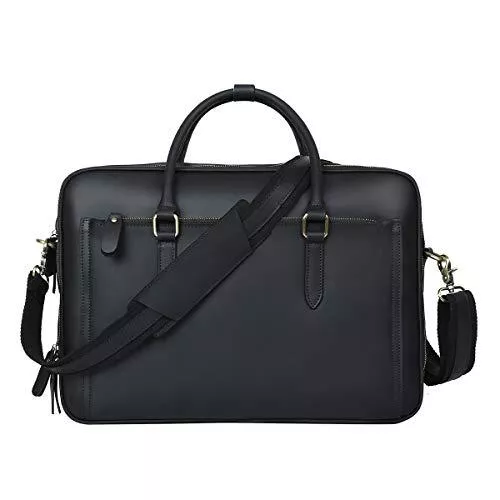 Leathario Taschen & Rucksäcke Leathario Herren Aktentasche Leder Laptoptasche 14 Zoll aus Echtleder Ledertasche Große Schultertasche mit Multi-Fach Bürotasche Businesstasche Umhängetaschen Schwarz