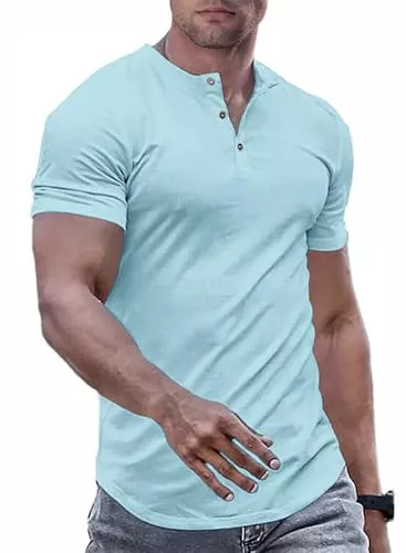 JMIERR Poloshirts JMIERR T-Shirts für Herren Henley Shirt Kurzarm Muscle Slim Fit Basic T Shirt 2024 Sommer Button Hem