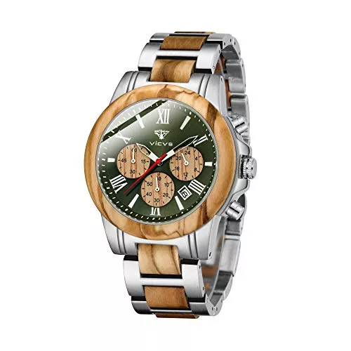 VICVS Uhren VICVS Herrenuhr aus Holz und Edelstahl, Chronograph 6 Zifferblätter, Chronograph Quarz, Freizeit, Business, Multifunktionsuhr aus Holz für Männer, handgefertigt