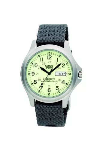 Lorus Uhren RJ655AX9 Lorus analoge Herrenuhr, Lumibrite, Tag- und Datumsanzeige, Nylon-Armbanduhr, grau