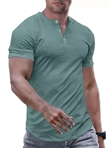 JMIERR Poloshirts JMIERR T-Shirts für Herren Henley Shirt Kurzarm Muscle Slim Fit Basic T Shirt 2024 Sommer Button Hem