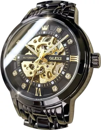 OLEVS Uhren OLEVS Herrenuhren Automatik Skelett Gold Schwarz Mechanische Armbanduhr mit Diamant Wasserdicht Leuchtende Männer Uhr