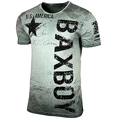 Baxboy T-Shirts Herren Rundhals Vintage Verwaschen Stretch T-Shirt Kurzarm Slim Fit Design Fashion Shirt B-08