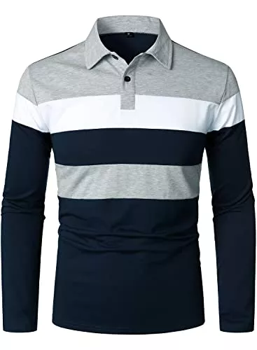 HOOD CREW Poloshirts HOOD CREW Herren Color-Block Langarm Casual Poloshirt Gestreifte Golf Tops