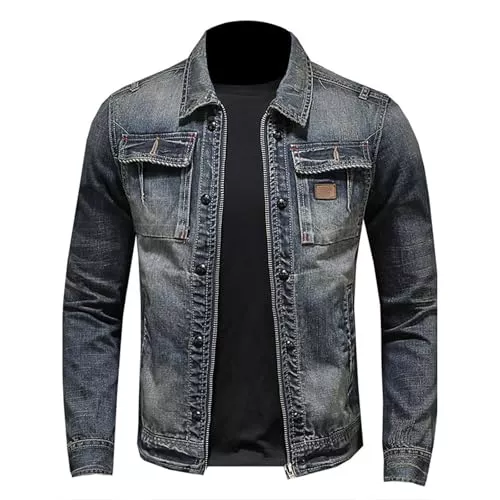 Generic Jacken Jacke Herren Vintage Jeansjacke Western Cowboy Kostüm Revers Reißverschluss Mantel Retro Denim Bomberjacke Fashion Übergangsjacke mit Brusttasche Klassische Trucker Cardigan Lässige Coat