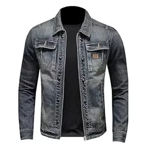 Generic Jacken Jacke Herren Vintage Jeansjacke Western Cowboy Kostüm Revers Reißverschluss Mantel Retro Denim Bomberjacke Fashion Übergangsjacke mit Brusttasche Klassische Trucker Cardigan Lässige Coat