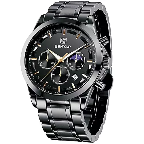 BY BENYAR Uhren BY BENYAR Uhren Herren Chronograph Analog Quarz Wasserdicht Armbanduhr Herren Mode Lässig Business Herrenuhr mit Kalender Lederarmband/Edelstahlarmband Uhr Geschenk für Männer