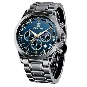 BY BENYAR Uhren BY BENYAR Uhren Herren Chronograph Analog Quarz Wasserdicht Armbanduhr Herren Mode Lässig Business Herrenuhr mit Kalender Lederarmband/Edelstahlarmband Uhr Geschenk für Männer