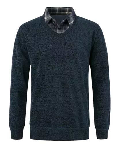 Yukirtiq Pullover & Strickmode Yukirtiq Herren Chenille Strickwaren Feinstrick Pullover 2 in 1 Hemd Kragen Strickpullover mit Hemdkragen Mock Hemd Einsatz für Männer