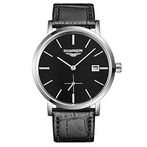 Guanqin Uhren Guanqin Herren-Armbanduhr mit Kalender, analog, automatisch, selbstaufziehend, mechanisch, mit Edelstahlgehäuse und Lederarmband, 4 Silber Schwarz